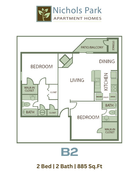 A floor plan for a 2 bedroom, 2 bathroom apartment sized at 885 square feet.